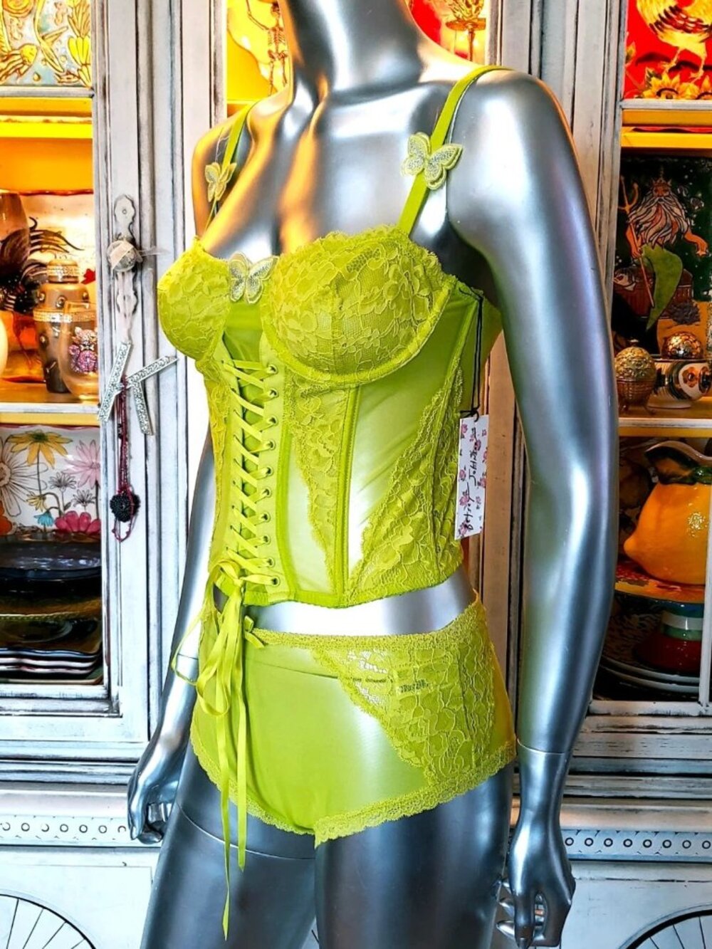 Betsey Johnson Corset Dress Top Panties Lingerie Set Green Lace Mesh Butterfly S - Picture 9 of 16
